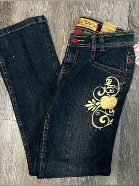 Vintage NWT Apple Bottom Jeans Size 12 Gold Embroidered & Embellished Rhinestone